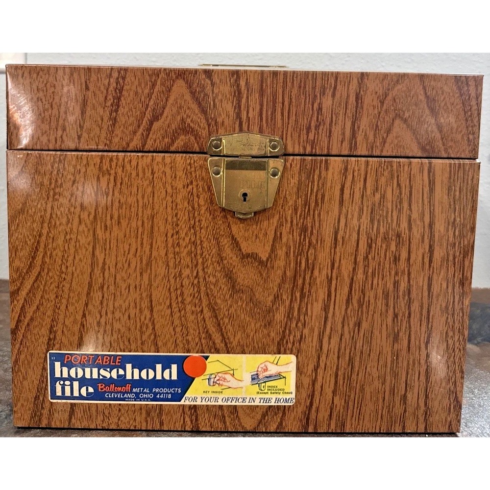 Vintage Ballonoff Portable Household File Metal Box Woodgrain Locking Key USA